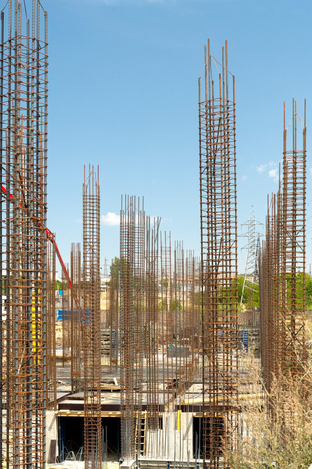 Concrete construction and reinforcement at a construction site